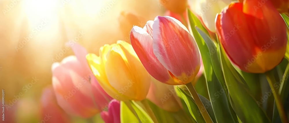 A scene of numerous pink and yellow tulips against a sunlit background A scene of numerous pink and yellow tulips against a sunlit background