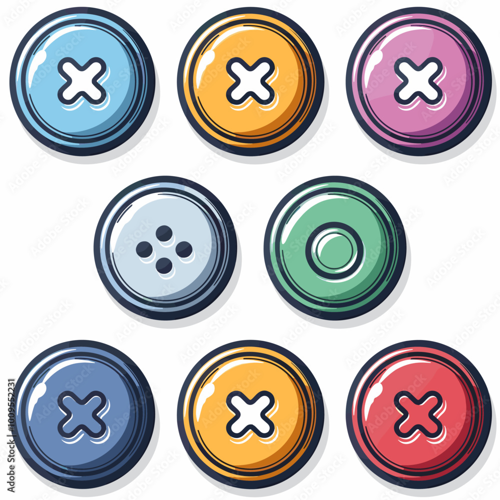 A set of buttons with different colors and shapes, including a red X. The buttons are arranged in a row, with the blue button on the left and the red button on the right A set of buttons with different colors and shapes, including a red X. The buttons are arranged in a row, with the blue button on the left and the red button on the right