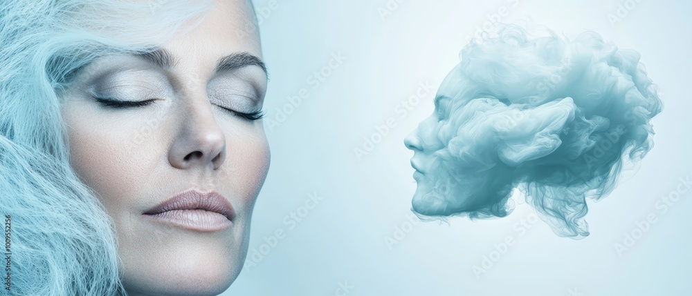 Fototapeta premium A woman with blue hair gazes at a cloud forming a human-like head shape, enshrouded in smoke