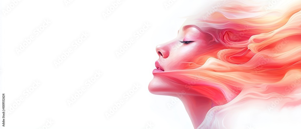 Digital painting of a woman's face with flowing windswept hair against a pristine white backdrop Digital painting of a woman's face with flowing windswept hair against a pristine white backdrop