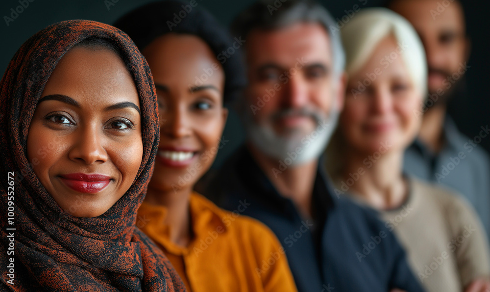 Diverse group of smiling professionals standing together, representing inclusion, teamwork, and leadership in a modern workplace Diverse group of smiling professionals standing together, representing inclusion, teamwork, and leadership in a modern workplace