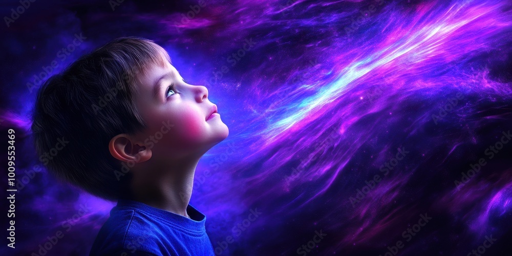 a young boy looking up at a purple and blue nebula a young boy looking up at a purple and blue nebula