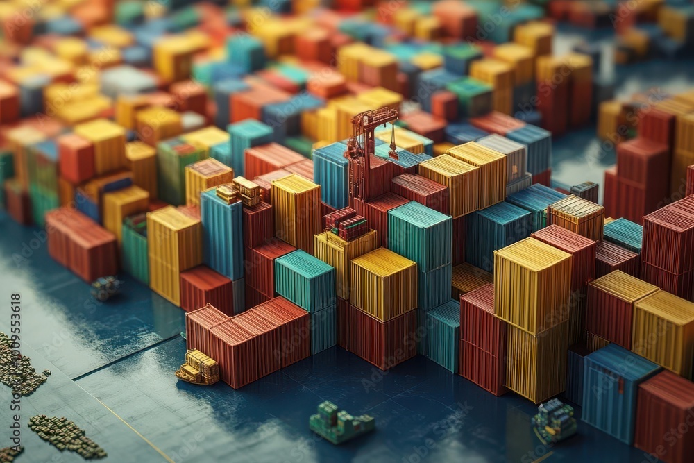 Aerial view of colorful shipping containers stacked in a bustling port, highlighting the logistics and commerce of global trade. Aerial view of colorful shipping containers stacked in a bustling port, highlighting the logistics and commerce of global trade.