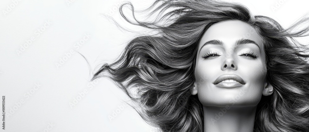 Naklejka premium eyes shut, hair billowing in wind