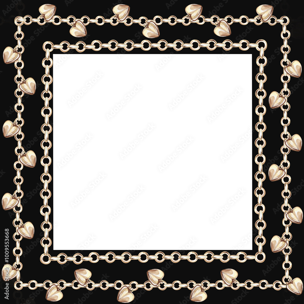 Square frame of gold chains and heart-shaped pendants. Isolated watercolor illustration for design, magazines, web pages, jewelry blogs, sales, pawn shops Square frame of gold chains and heart-shaped pendants. Isolated watercolor illustration for design, magazines, web pages, jewelry blogs, sales, pawn shops