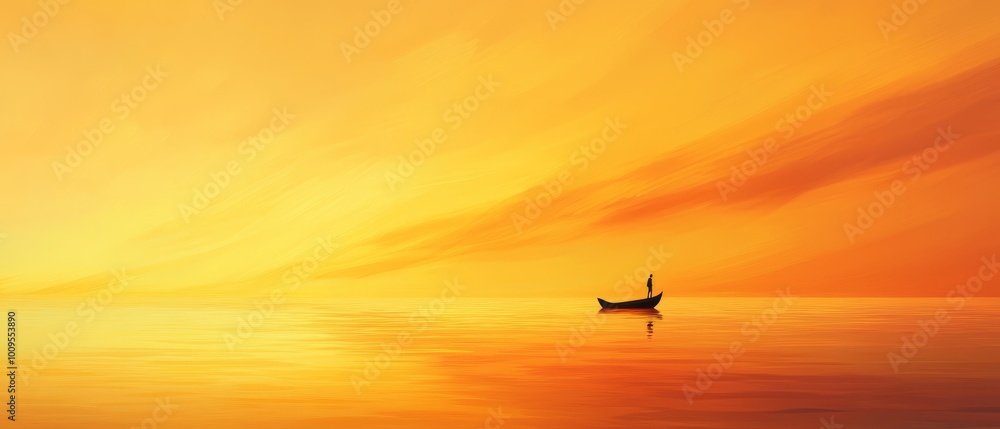 Fototapeta premium A person in a boat on a body of water at sunset - the sky serves as the backdrop