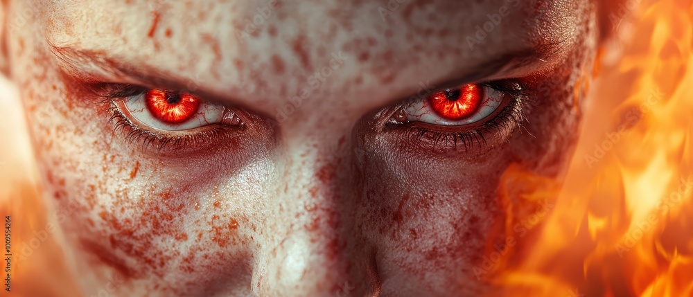 Naklejka premium A tight shot of a human face, featuring red eyes and a fiery ball at its core