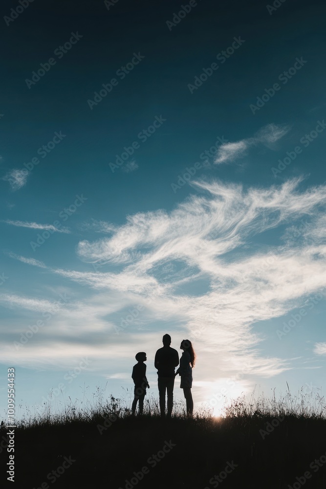 Fototapeta premium Silhouettes of three people against a sunset sky with clouds.