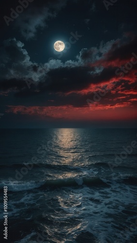 Composite of moonlit sky, orange-red sunset, and calm ocean reflecting light