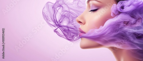  A woman with closed eyes, hair flowing in the wind, and purple smoke emanating from her face