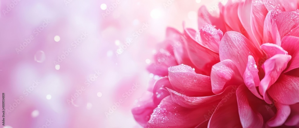 Fototapeta premium A tight shot of a pink flower, dewdrops adorning its petals, backdrop softly blurred
