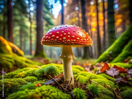 Vibrant Bullet Mushroom Growing on Forest Floor Surrounded by Green Moss and Leaves in Nature