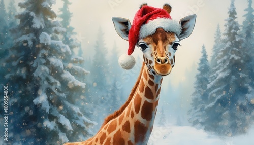Photorealistic illustration of giraffe with Christmas cap on a Christmas background looking in camera, only top of body, detailed
