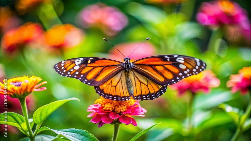 Vibrant Butterfly on a Flower Petal in a Lush Green Garden Under Bright Sunlight Vibrant Butterfly on a Flower Petal in a Lush Green Garden Under Bright Sunlight