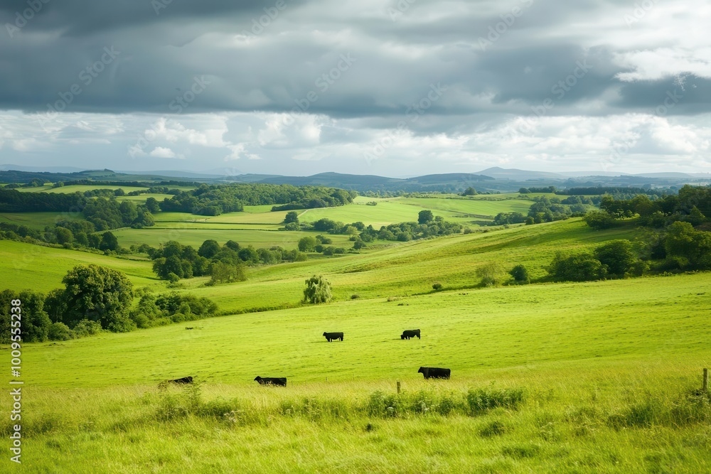 A serene landscape with grazing cows under a cloudy sky, showcasing rural beauty. A serene landscape with grazing cows under a cloudy sky, showcasing rural beauty.