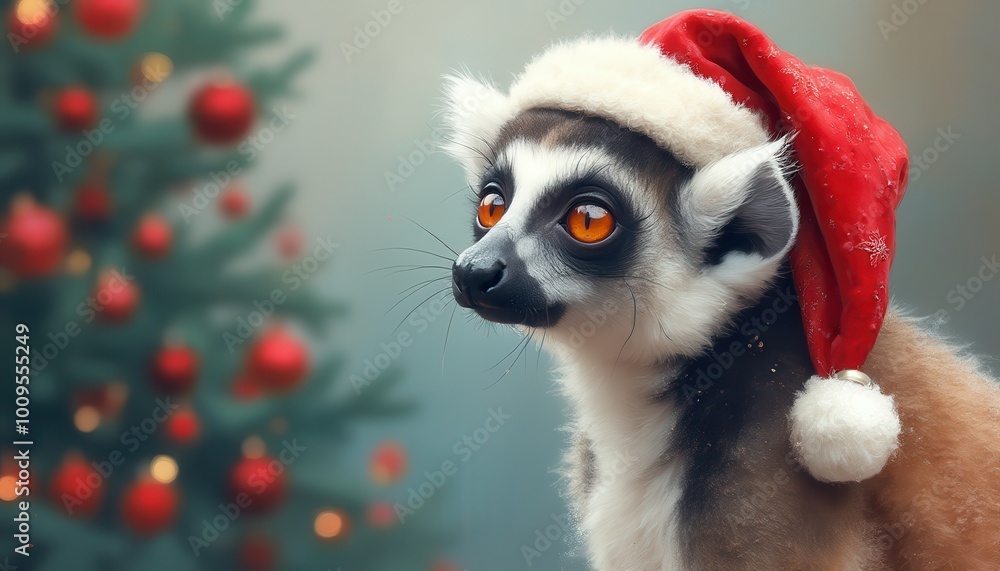 Photorealistic illustration of lemur with Christmas cap on a Christmas background looking in camera, only top of body, detailed Photorealistic illustration of lemur with Christmas cap on a Christmas background looking in camera, only top of body, detailed
