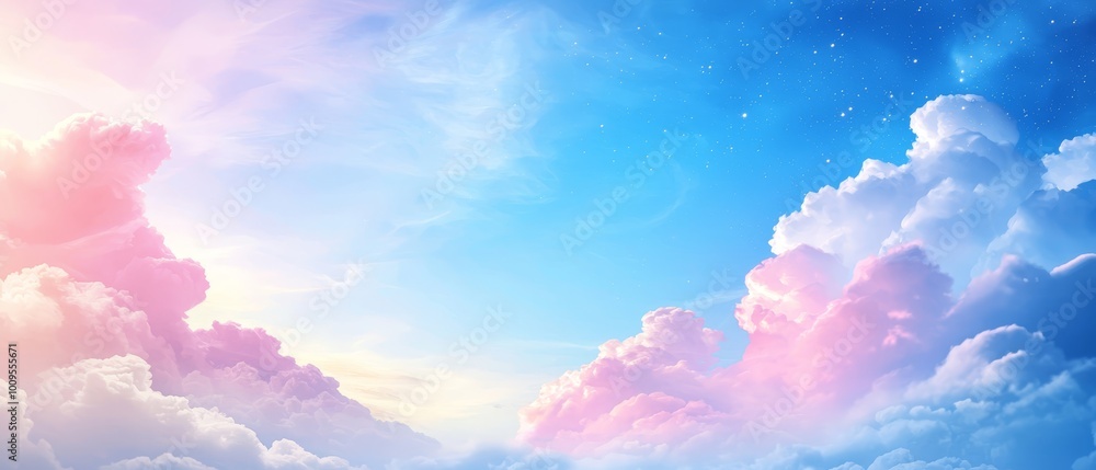 A pink and blue sky with clouds and a solitary star glowing in the middle, surrounded by twinkling stars A pink and blue sky with clouds and a solitary star glowing in the middle, surrounded by twinkling stars