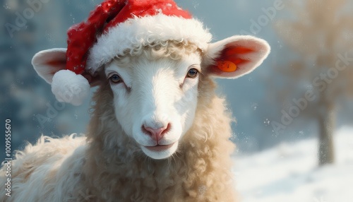 Photorealistic illustration of sheep with Christmas cap on a Christmas background looking in camera, only top of body, detailed photo