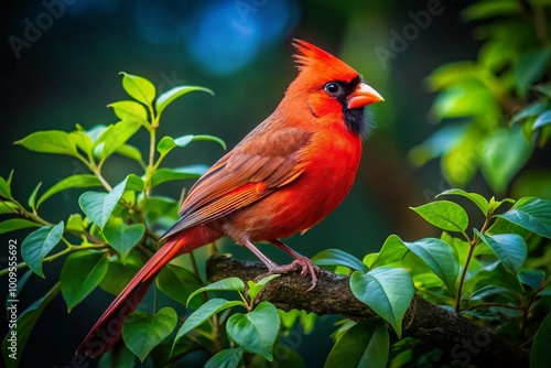 Vibrant Cardinal Perched Gracefully on a Branch Amidst Lush Green Foliage in Nature's Serenity