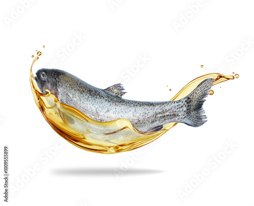 Foto Trout in splashes of oil close-up isolated on white background