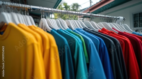 A variety of colorful T-shirts are meticulously arranged on a clothing rack, showcasing a spectrum of vibrant hues and reflecting a sense of organization and style.