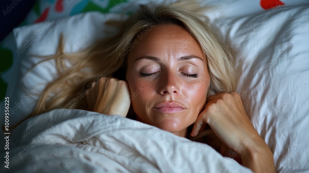 Fototapeta premium A serene woman with her eyes closed is at rest in bed, her hands lightly touching her face under a white blanket, evoking peace and relaxation.