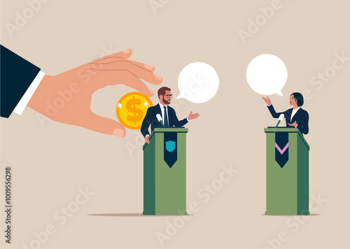 Hand inserting a coin into the back of a businessman. Debate before vote. Male and woman of political parties conducting discussion on public debates. Politicians talk, meeting and discuss problems. 