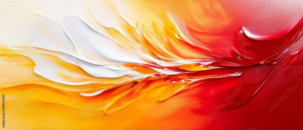 A red, yellow abstract painting against a white and red background, featuring a white and yellow design A red, yellow abstract painting against a white and red background, featuring a white and yellow design