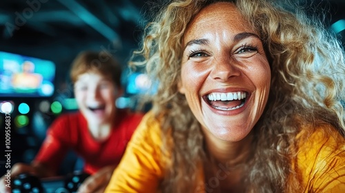 A mother and her son engaged in a playful session of video games, sharing smiles and laughter, portraying strong family bonds and joyful connection.