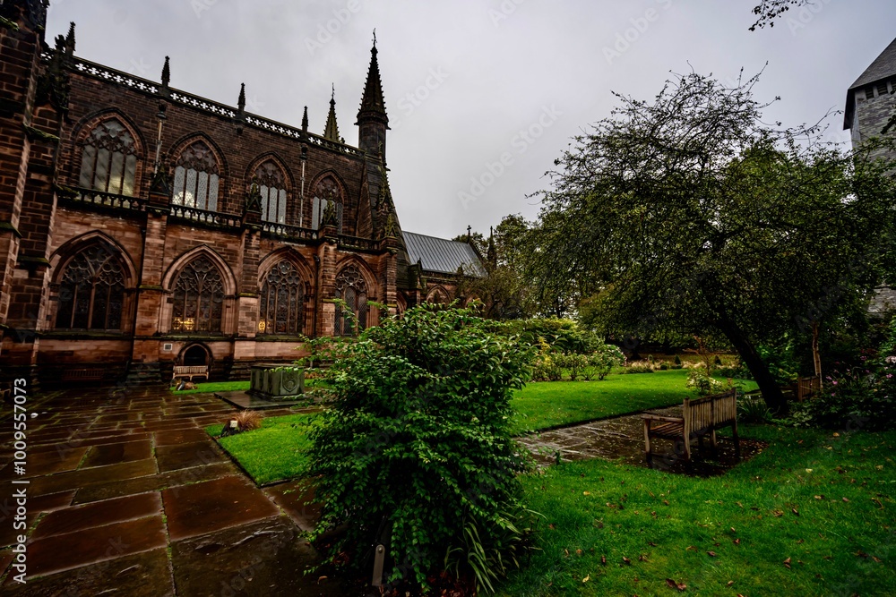 Chester Cathedral in Downtown Chester, England on a Rainy, Cloudy, Autumn Day