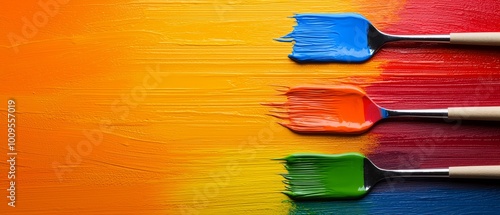  Three brushers bearing distinct hues of paint sit atop a varied, multi-hued canvas, each boasting diverse shades