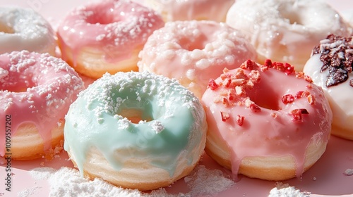 A selection of vibrant donuts, each with unique toppings, icing, and decorations, perfect for attracting sweets enthusiasts and dessert lovers alike in vivid detail.