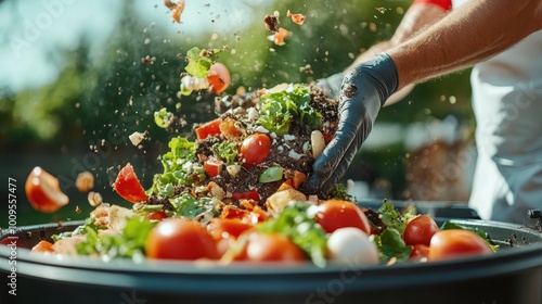 A person mixing food scraps and soil in a compost bin, highlighting sustainability and eco-friendly practices in an outdoor garden environment. photo