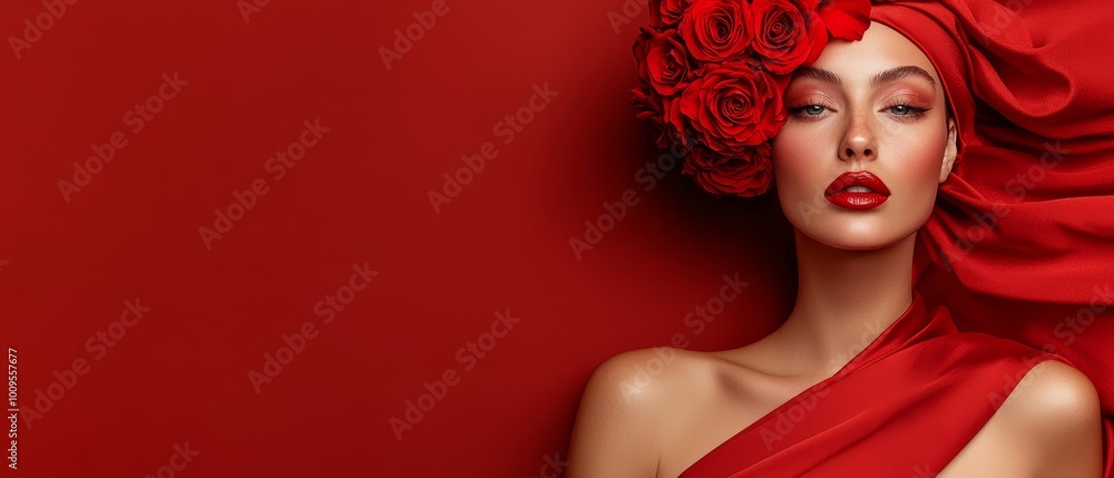 A woman in a red dress, holding a red rose, against a red backdrop She wears a red scarf over her head A woman in a red dress, holding a red rose, against a red backdrop She wears a red scarf over her head