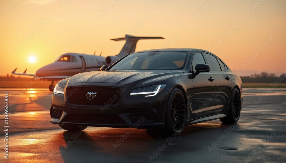 Fototapeta premium Luxury Car at Sunset; Private Jet, Business Travel, Success, Wealth