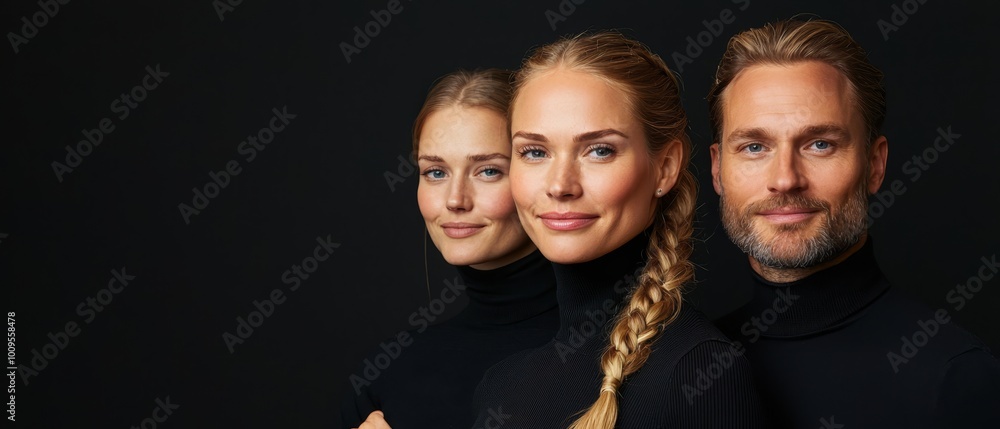 Naklejka premium Three individuals - a man and two women - stand next to one another They embrace each other, with the women having braided hair