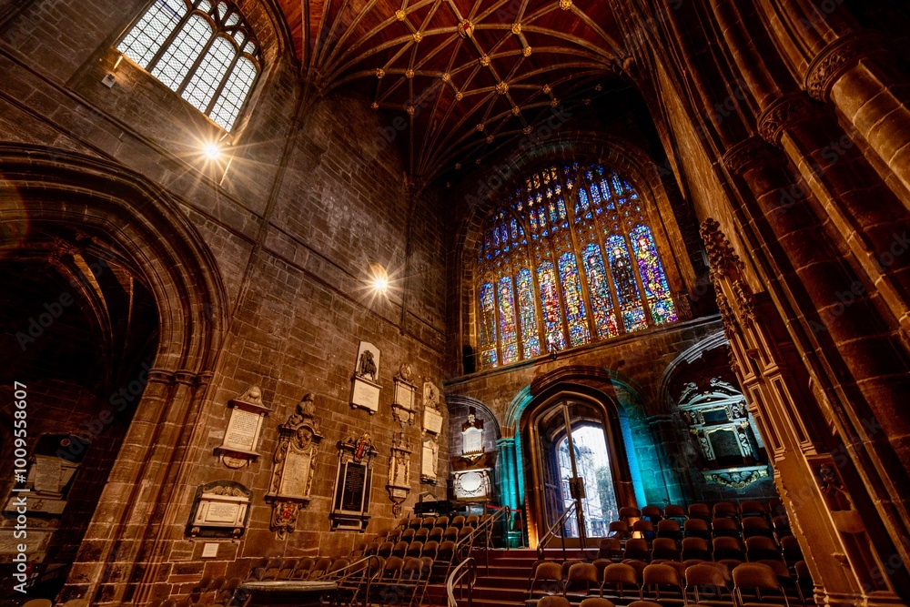 Chester Cathedral in Downtown Chester, England on a Rainy, Cloudy, Autumn Day