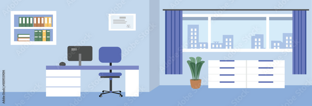 Modern doctor room illustration. Doctor office in hospital. Doctor office with city view. Interior design medical doctor office. Health care administration. Public health care. Office furniture. Modern doctor room illustration. Doctor office in hospital. Doctor office with city view. Interior design medical doctor office. Health care administration. Public health care. Office furniture.