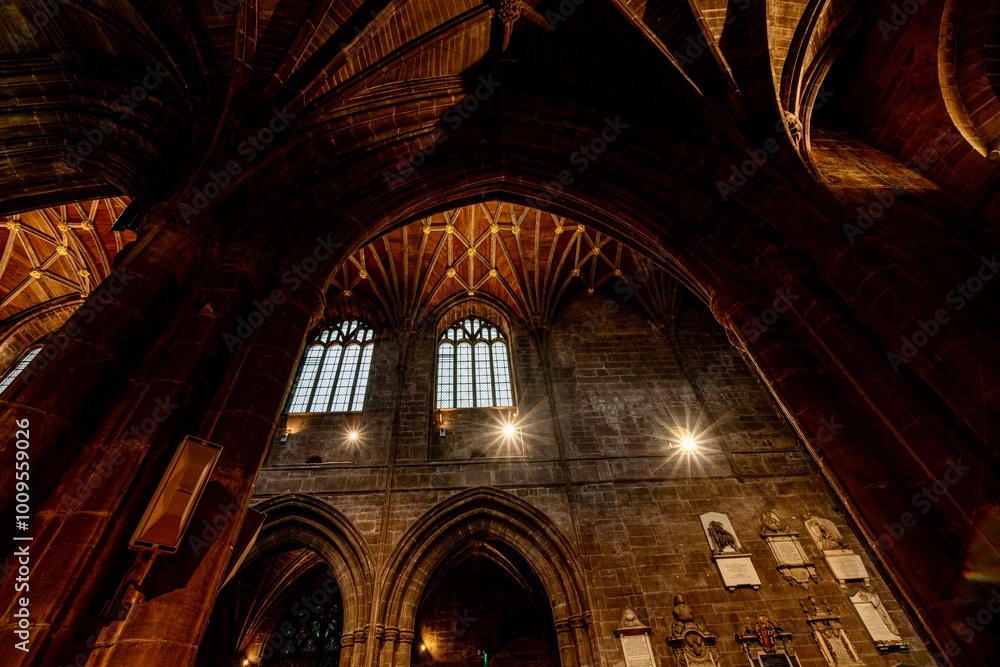 Chester Cathedral in Downtown Chester, England on a Rainy, Cloudy, Autumn Day