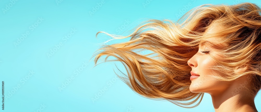 A woman's face, eyes closed, surrounded by flowing hair against a backdrop of blue sky and wind A woman's face, eyes closed, surrounded by flowing hair against a backdrop of blue sky and wind