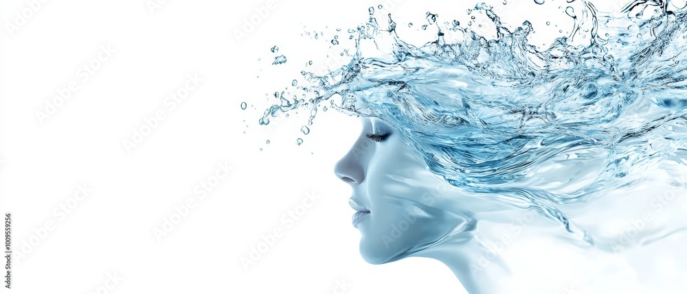 A woman's head with water splashing from her hair, hitting her face A woman's head with water splashing from her hair, hitting her face