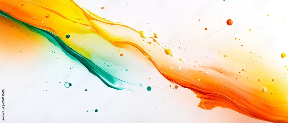 An orange, yellow, and green liquid swirls against a white backdrop, featuring water droplets at its base An orange, yellow, and green liquid swirls against a white backdrop, featuring water droplets at its base