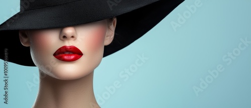  A mannequin's head wears a black hat with a red lip and a separate black hat with a black brim