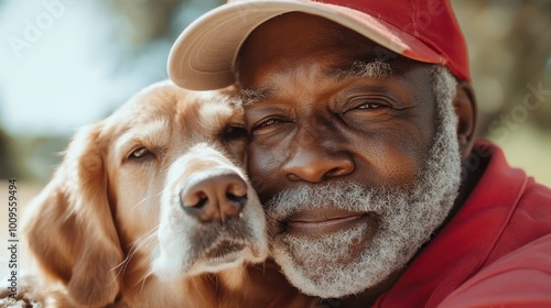 A man wearing a red cap lovingly embraces his golden retriever, capturing a heartfelt moment of companionship and affection between human and pet in a sunlit setting. photo