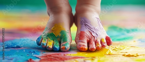  A tight shot of a child's painted hands and feet on a vibrant tablecloth