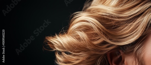  A woman's face, close-up Her hair flows freely in the wind against a black backdrop