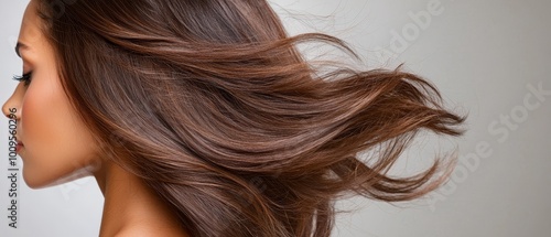  A close-up of a woman's long, shiny brown hair dancing in the wind