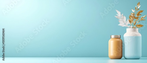 Wallpaper Mural  Two bottles atop a table, beside a vase with a plant emerging from it Torontodigital.ca