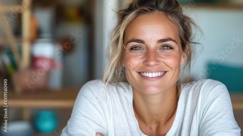 A relaxed woman with a bright smile sits casually, illuminated by natural light, exuding warmth and approachable beauty in an inviting atmosphere.