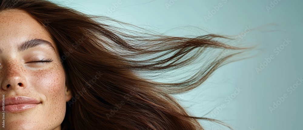 A woman's face with freckles, freckled hair flying in the wind A woman's face with freckles, freckled hair flying in the wind